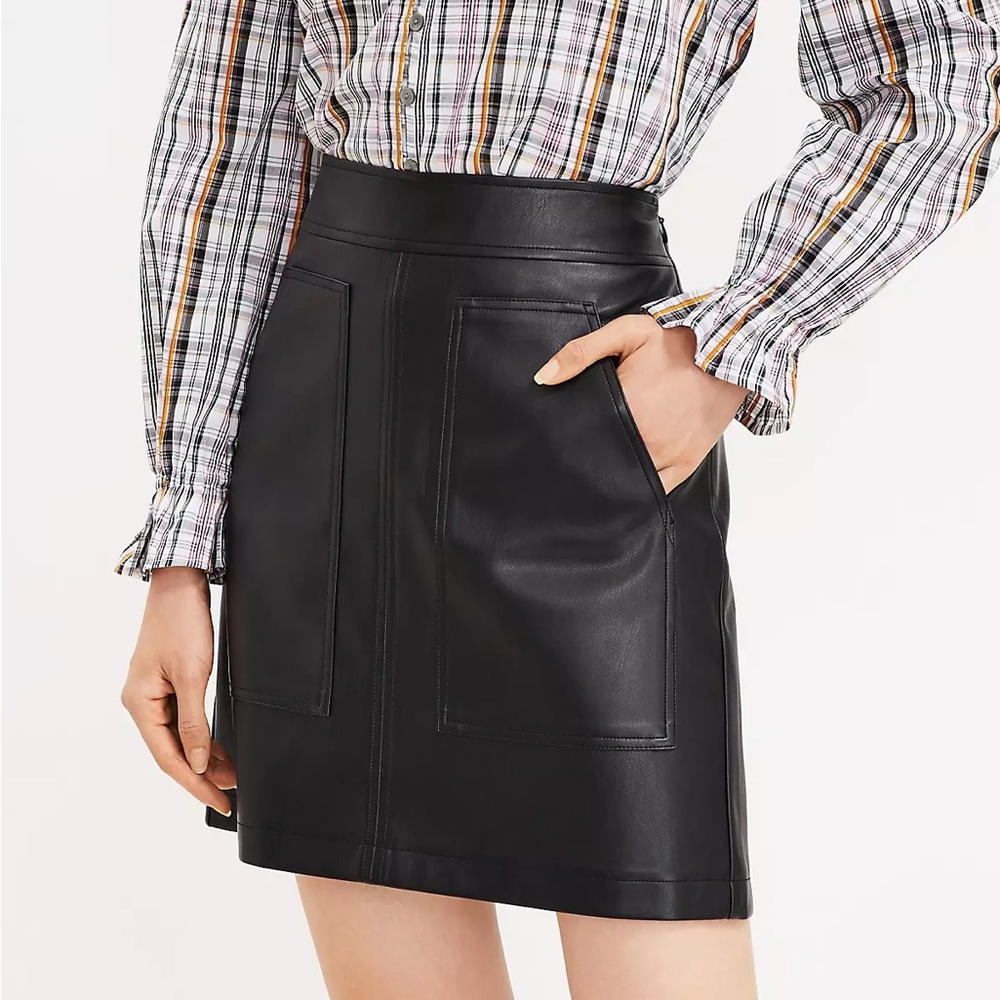 LOFT Size 8 Black Faux Leather High-Rise A-Line Clean Girl Mini Skirt